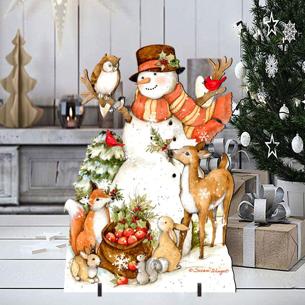 Christmas yard sign snowman with orange coat, antlers, cardinal, and small rabbits