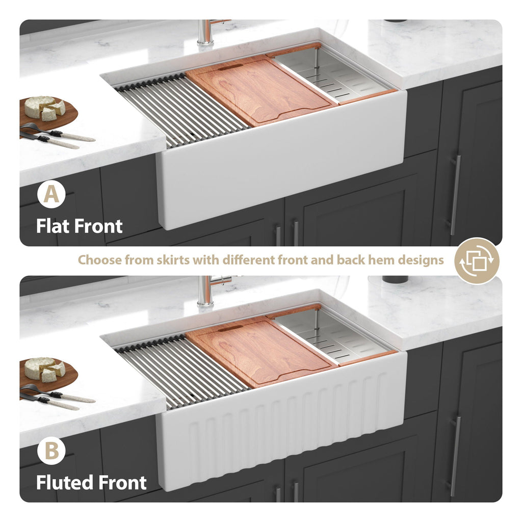 White farmhouse sink options showing flat and fluted front skirt designs