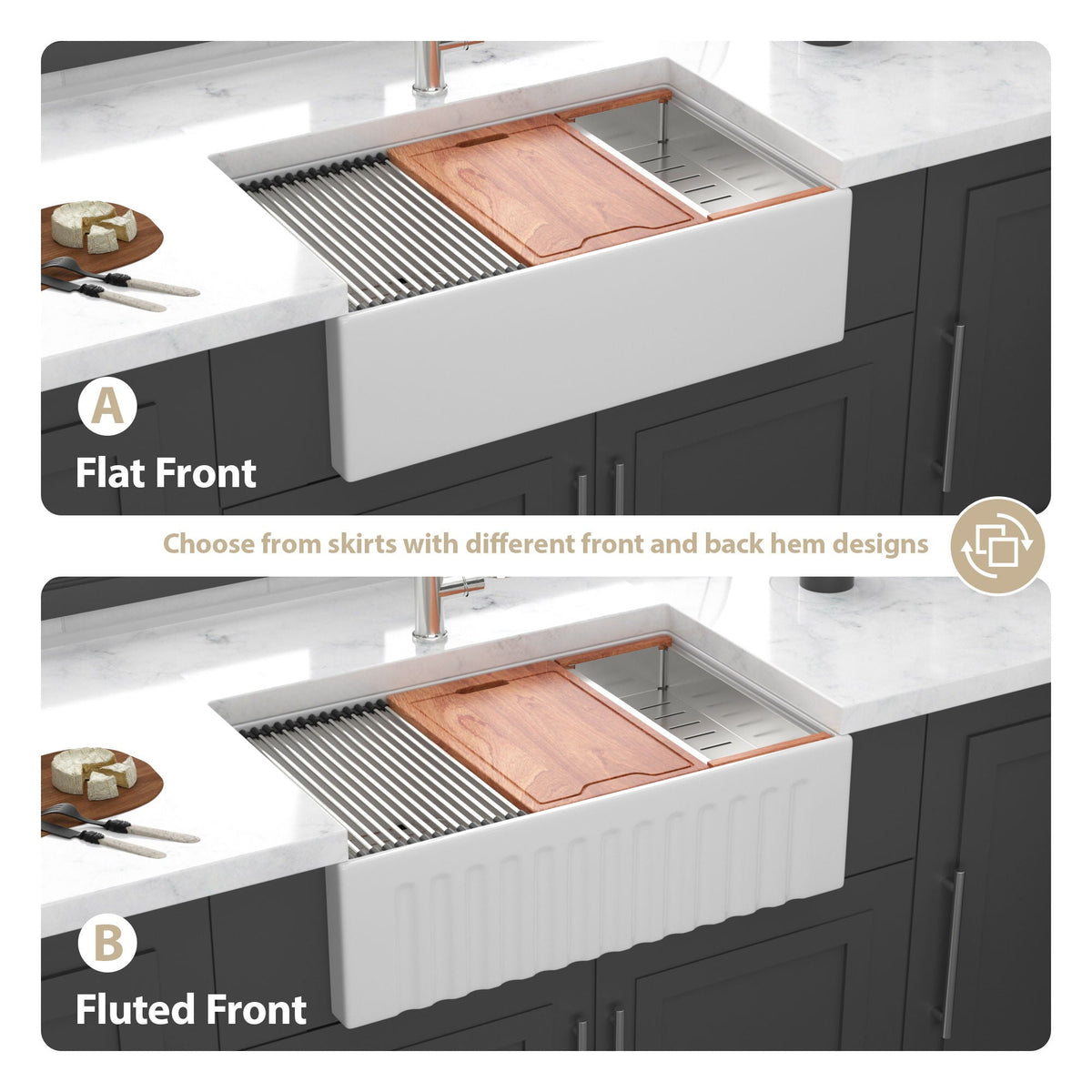 White farmhouse sink options showing flat and fluted front skirt designs