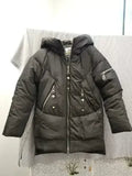 Black hooded padded jacket on display with front zipper and zip pockets, flat lay