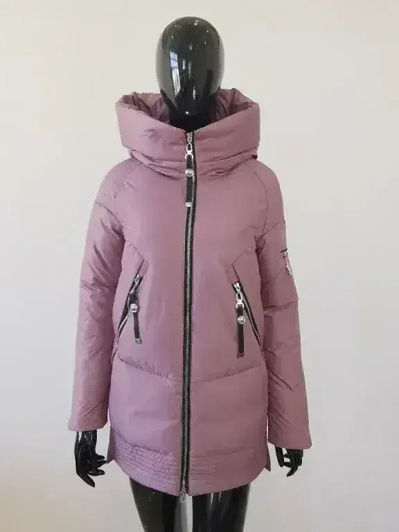 Women’s mauve hooded padded winter parka with front zipper and zip side pockets
