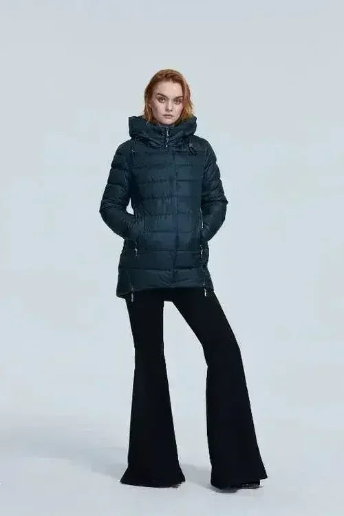 Women’s dark quilted hooded puffer winter coat with zip-front and drawstring hood
