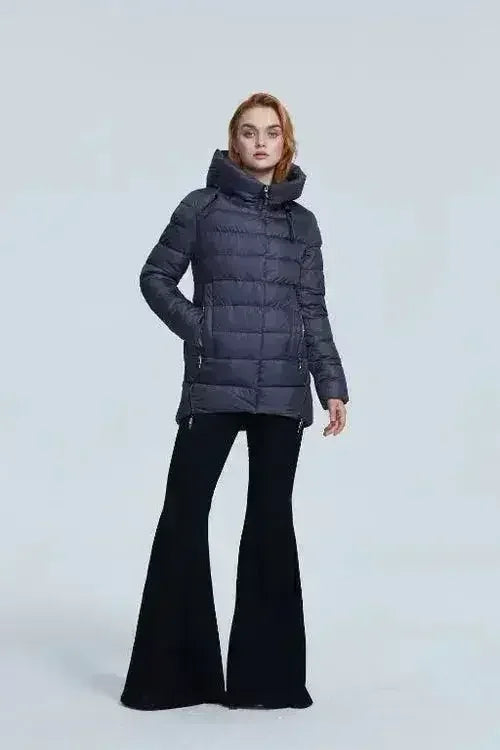 Women’s dark hooded puffer winter coat with zip-front, quilted design, and drawstring hood
