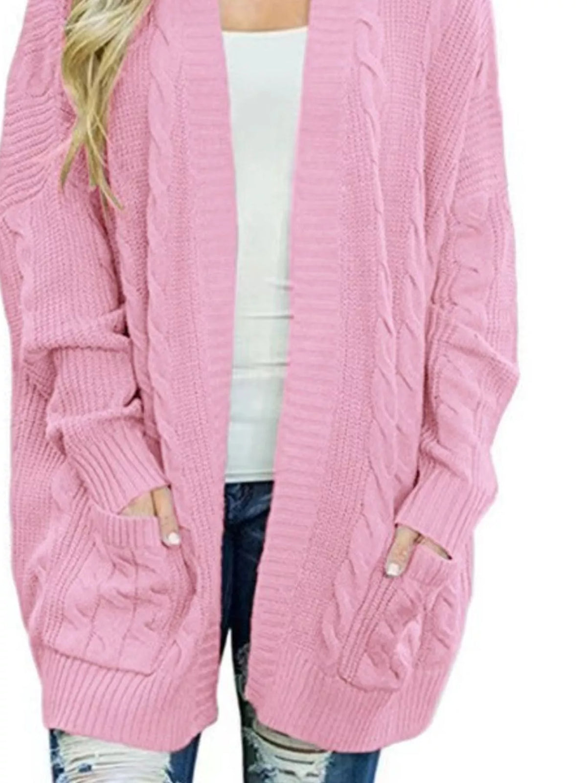 Plus-size chunky knit open-front cardigan, dusty pink with patch pockets and ribbed hem.