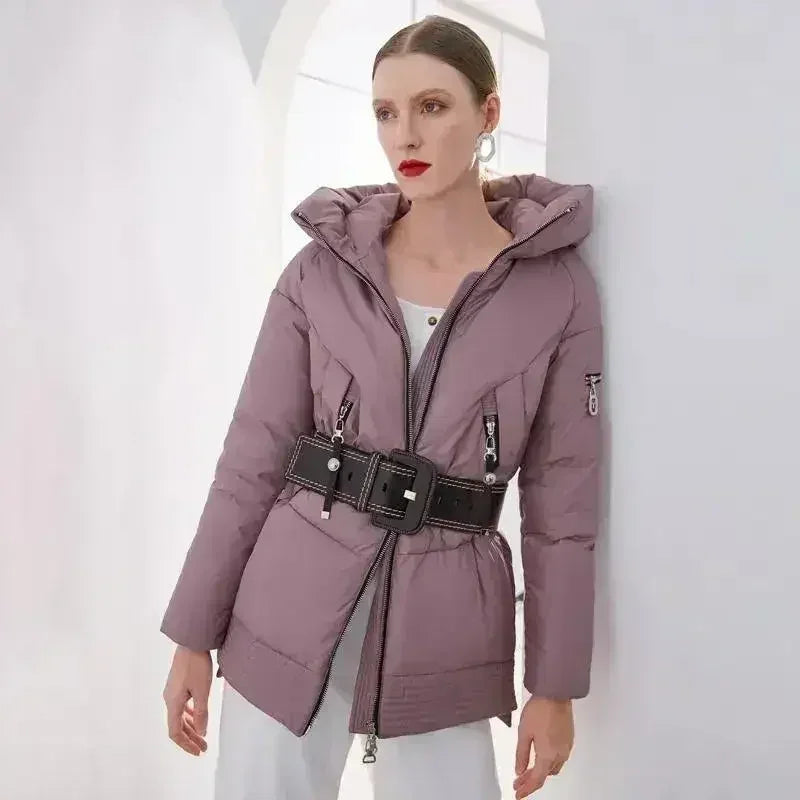 Women’s hooded padded parka in mauve, front zipper, side pockets, adjustable belt