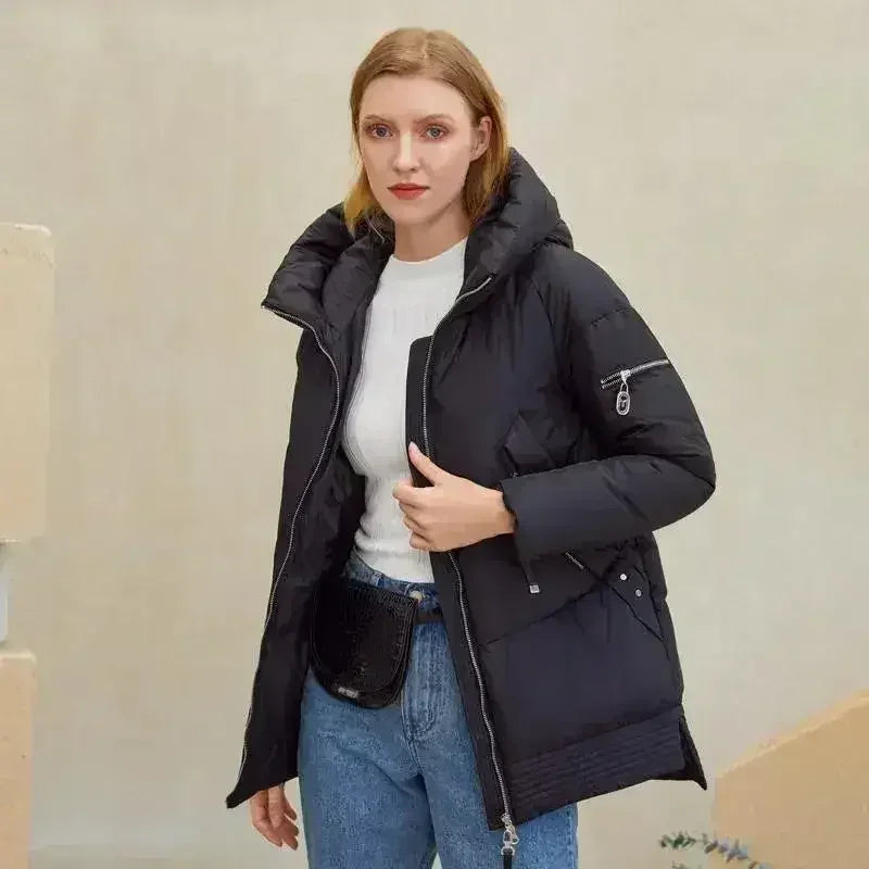 Women’s black hooded puffer jacket with front zipper and zip pockets, long sleeves