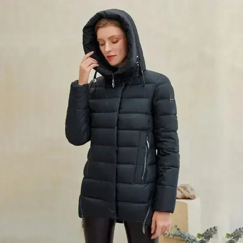 Women’s dark quilted hooded winter coat with full zip and drawstring hood, mid-length