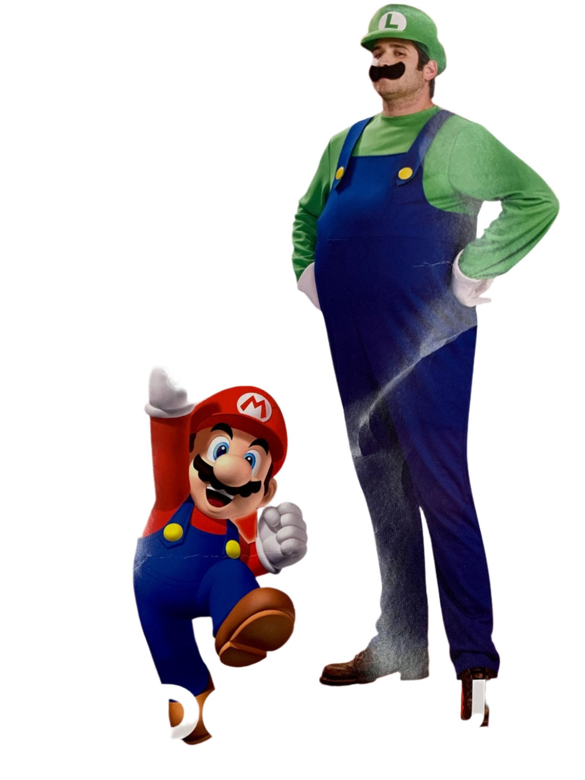 Luigi costume with green cap, green long-sleeve shirt, and blue overalls