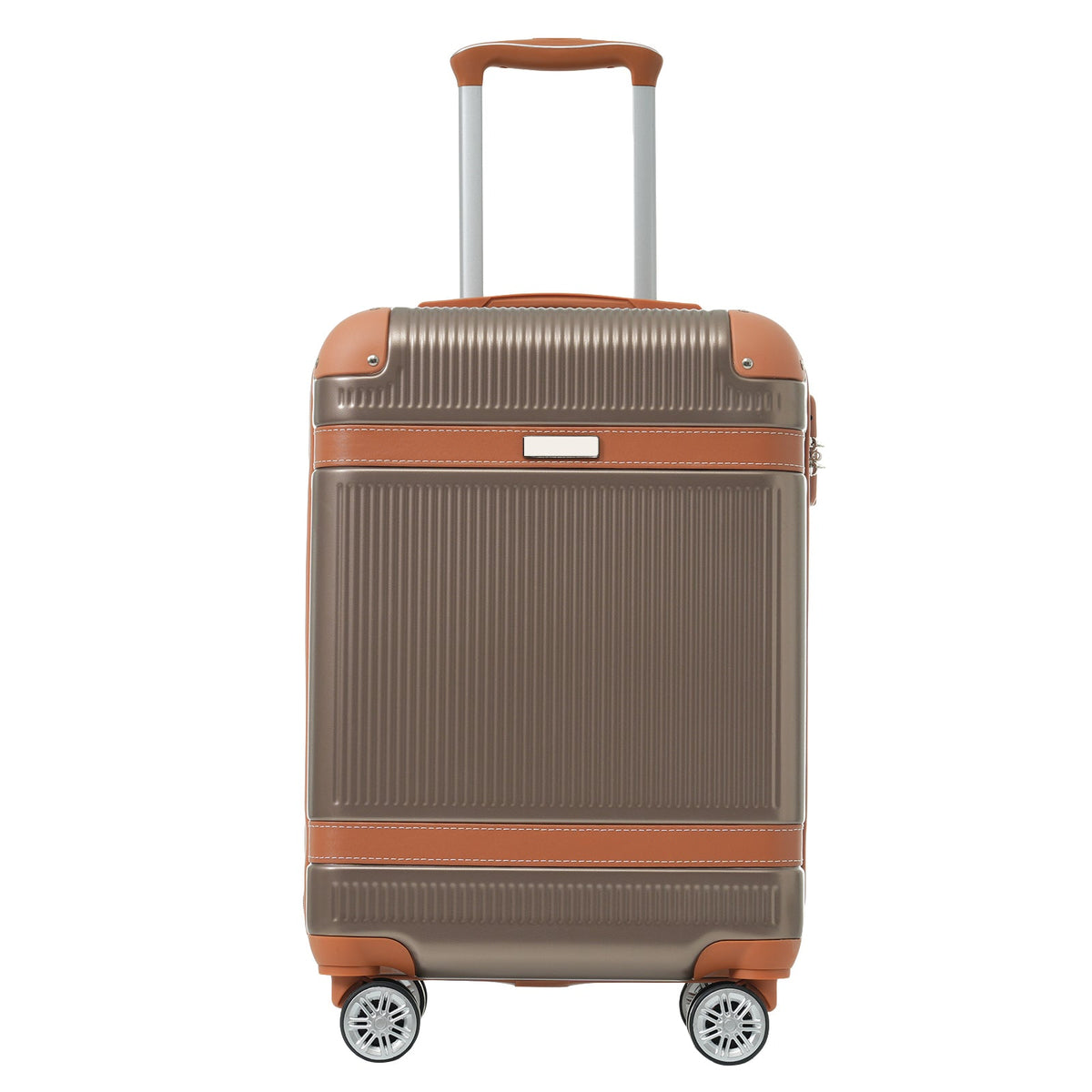 Grey hardshell carry-on suitcase with copper-brown top handle and two front wheels
