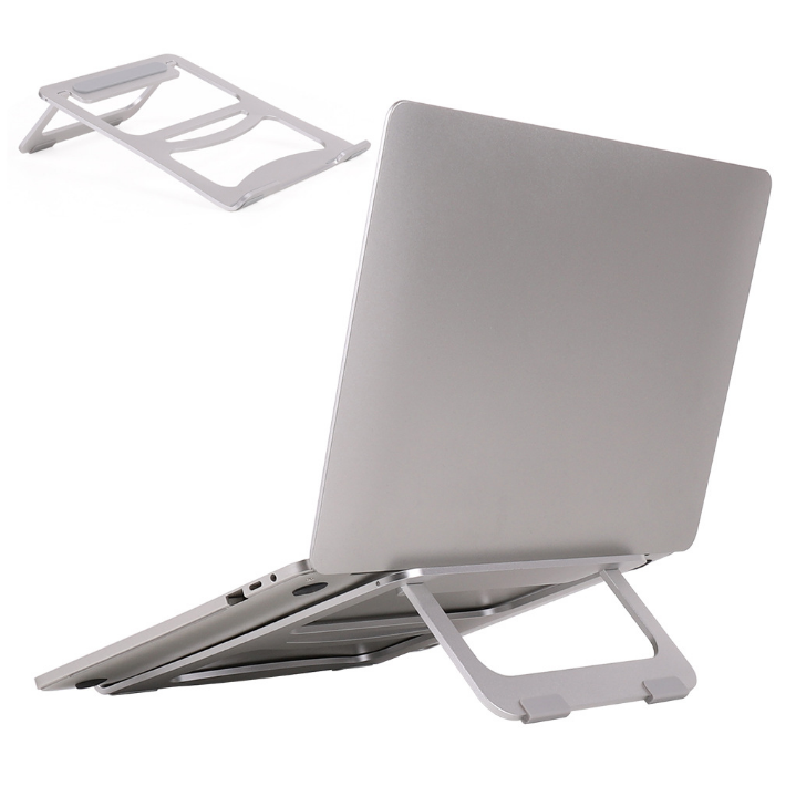 Foldable aluminum laptop cooling stand in silver, holding a laptop at an angle