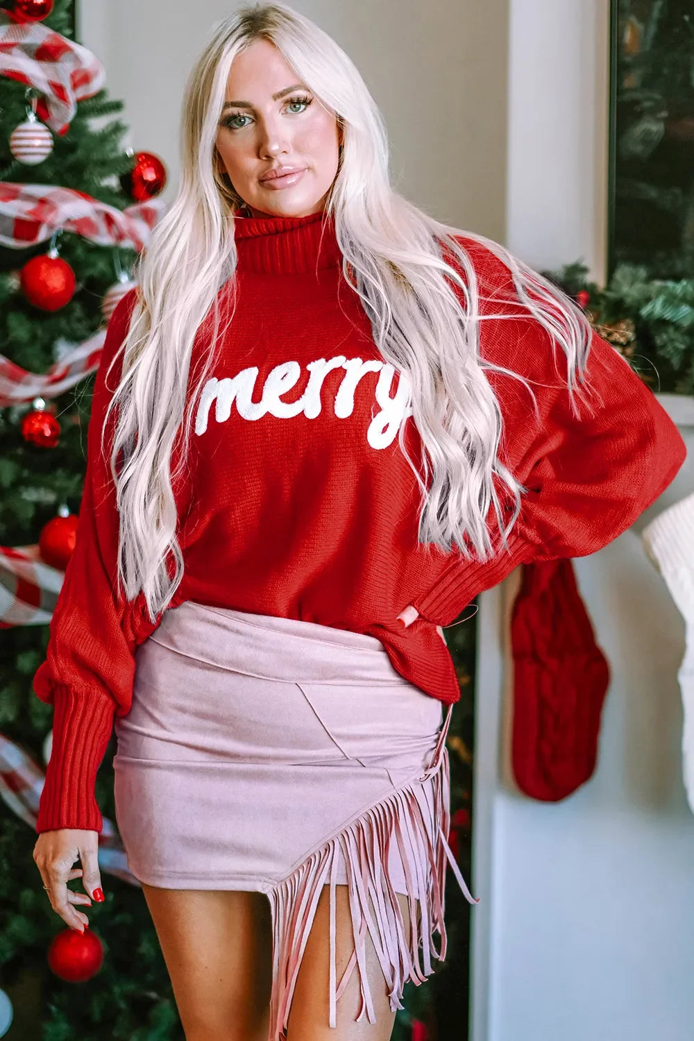 Red turtleneck long-sleeve sweater with 'merry' word graphic