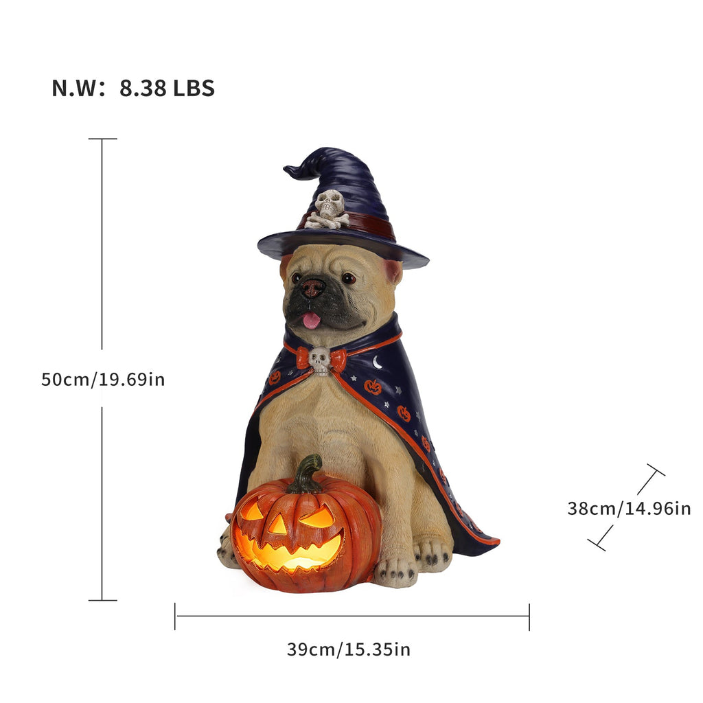 Bulldog witch statue with glowing pumpkin jack-o-lantern, dimensions graphic