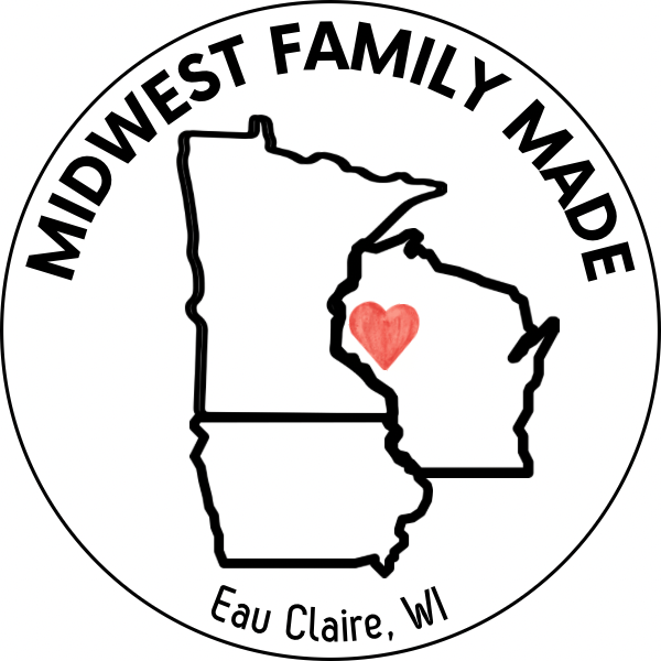 Midwest Family Made seal logo with heart and Eau Claire, Wisconsin outline