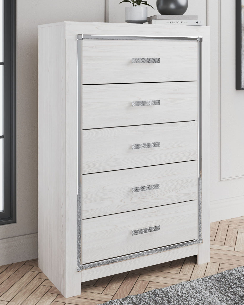 White dresser with rectangular mirror and long silver drawer pulls