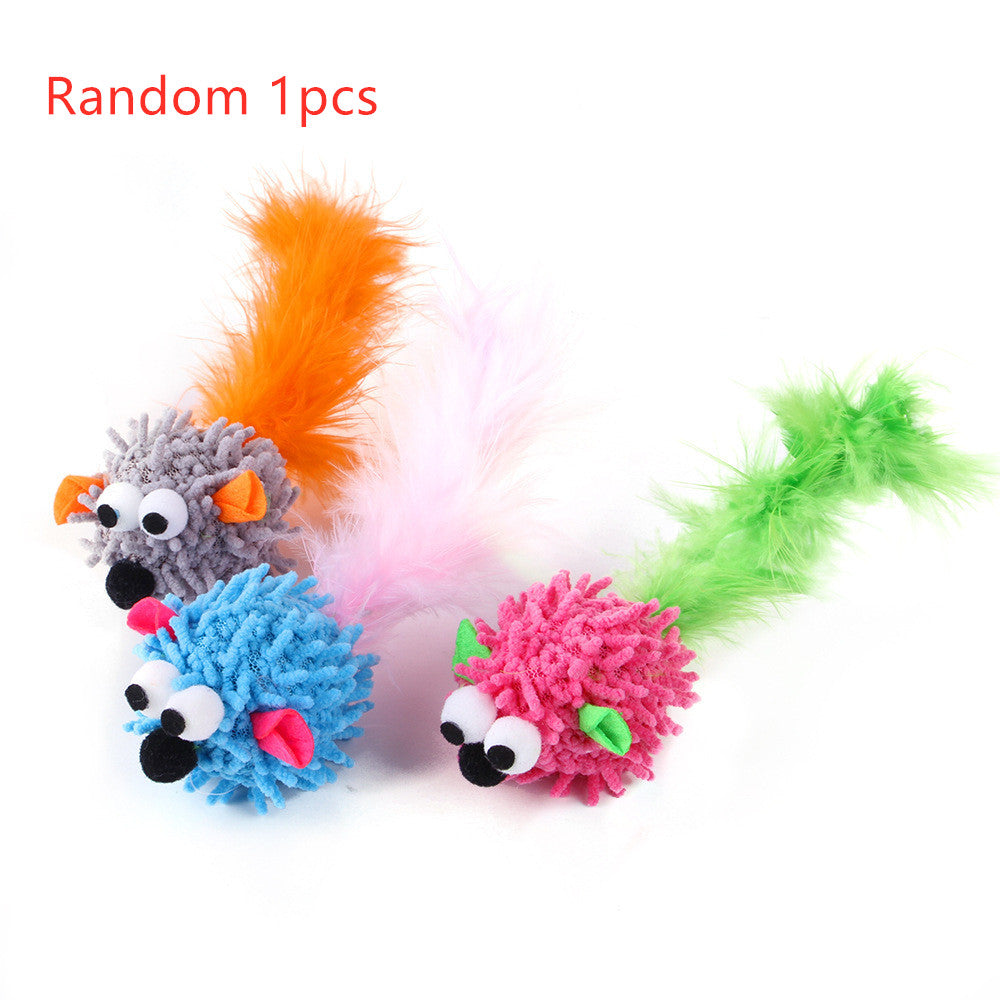 Set of plush cat toy mice with fuzzy tails in orange, blue, green, and pink