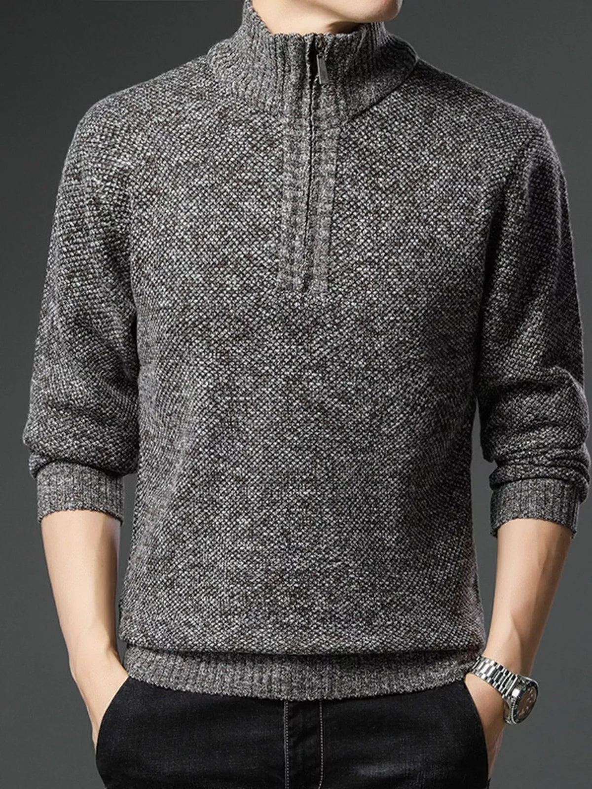 Men's half-zip knitted pullover sweater, heather gray, long sleeves and ribbed cuffs