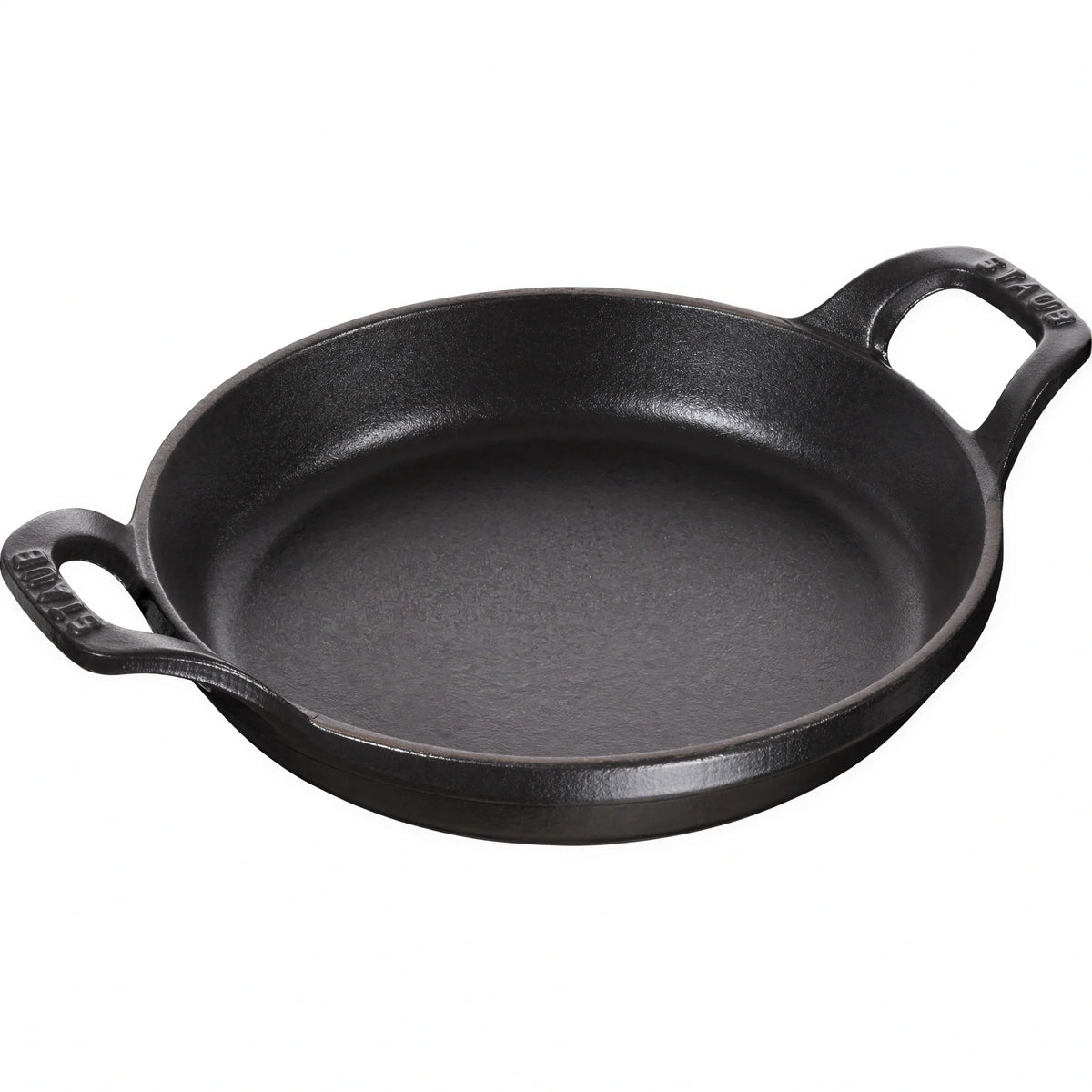 Round dark cast iron enameled baking dish with two side loop handles, induction ready