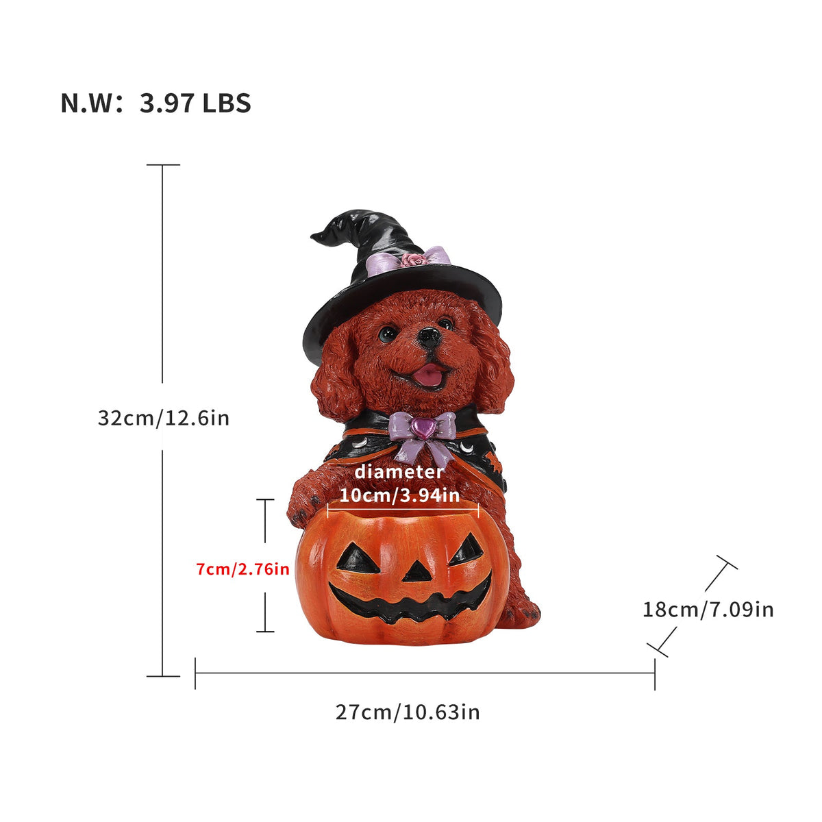 Dog witch pumpkin bowl figurine with size measurements: 32 cm tall and 27 cm wide