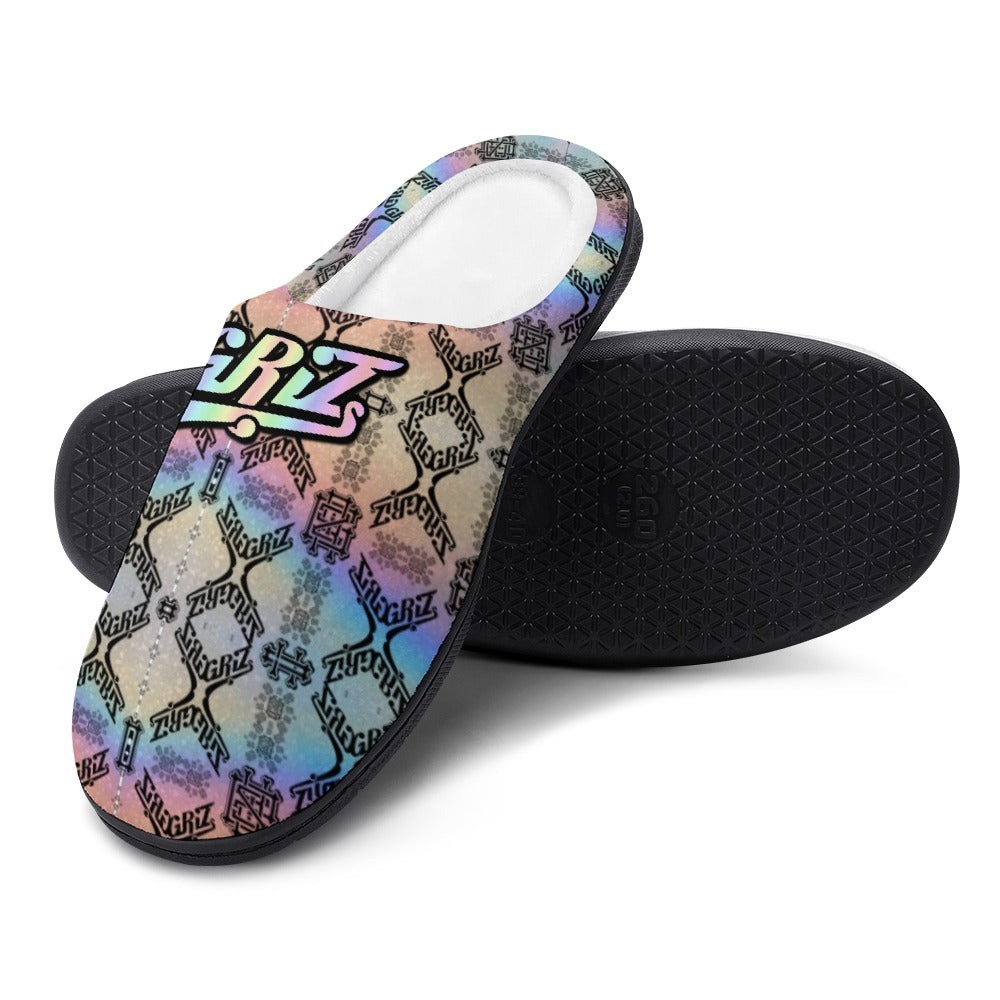 Printed slip-on slippers with black rubber sole, pastel symbols and lettering