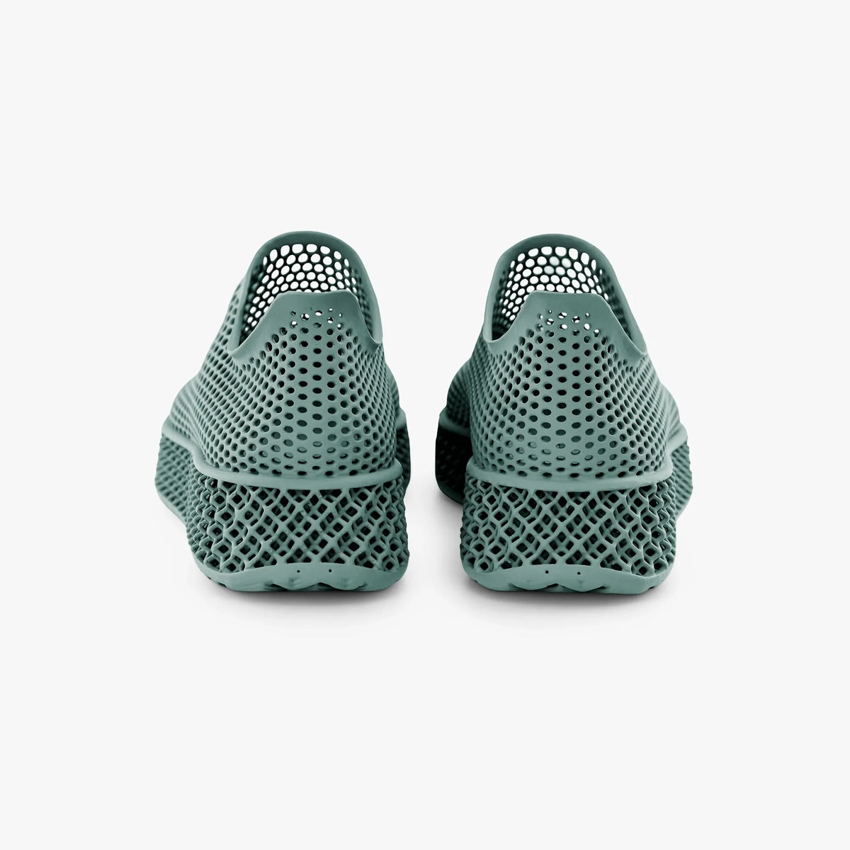 Teal 3D-printed casual sneakers, rear view with perforated upper and cushioned heel