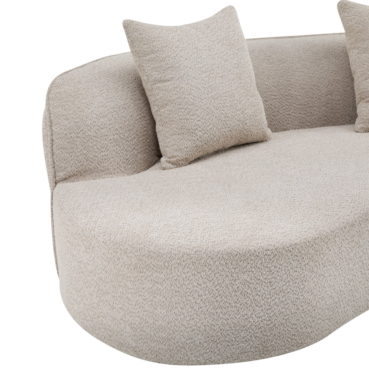 Light beige upholstered sofa seat with textured fabric and back throw pillow
