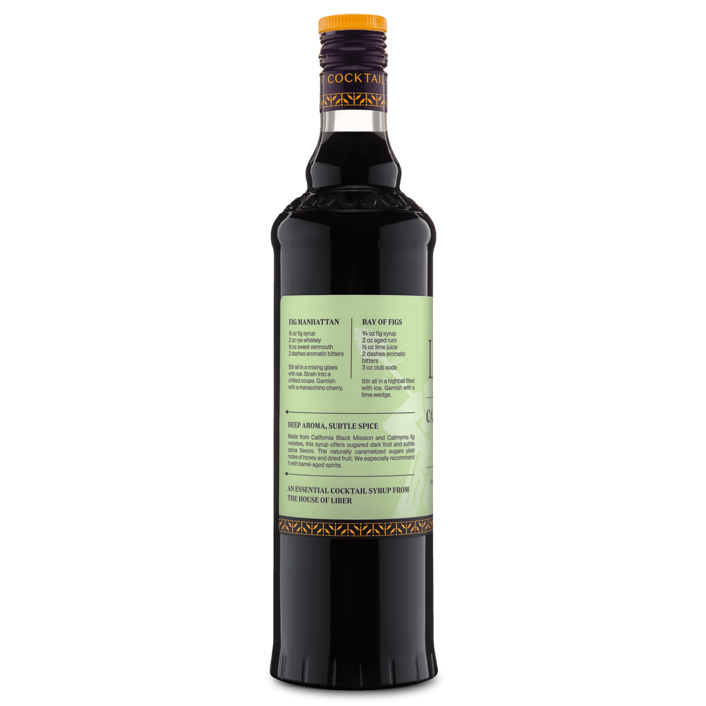 Caramelized fig syrup bottle back view with cocktail ingredient notes and amber cap