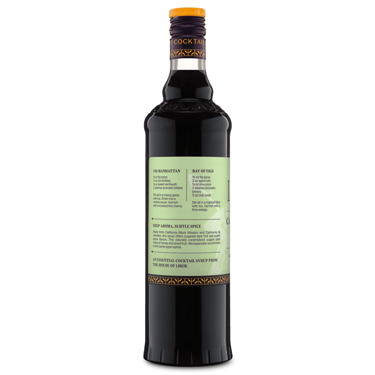 Caramelized fig syrup bottle back view with cocktail ingredient notes and amber cap
