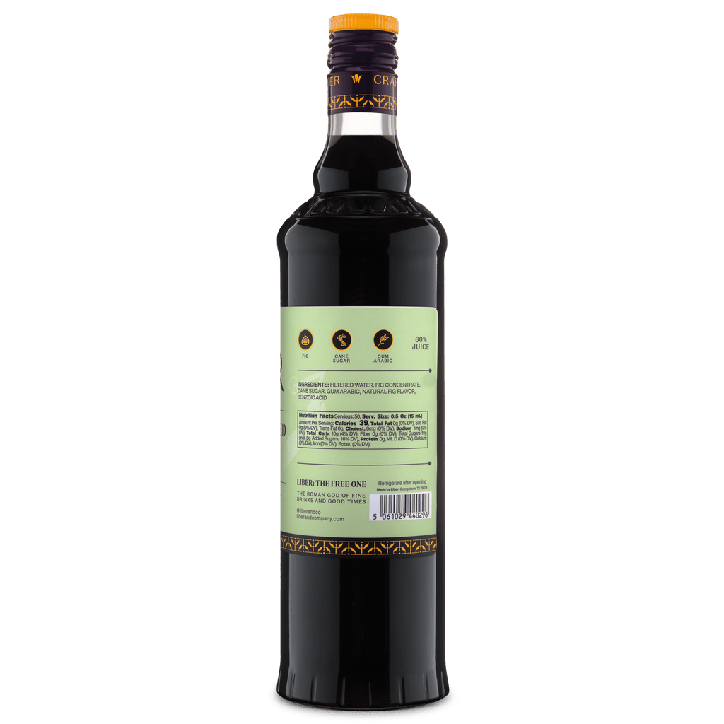 Caramelized fig syrup bottle back label with barcode area and amber cap