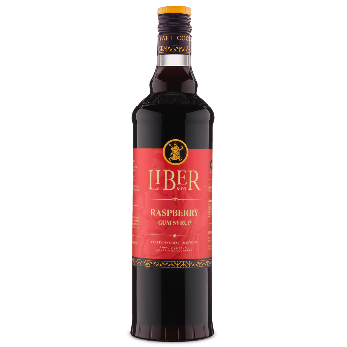 Liber Raspberry Gum Syrup bottle front label, orange cap