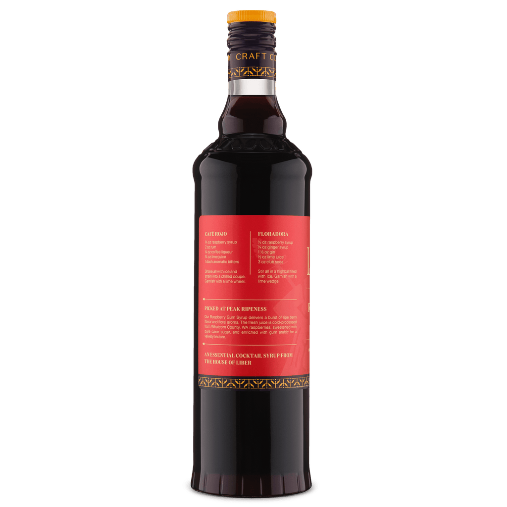 Liber Raspberry gum syrup bottle back label, orange cap