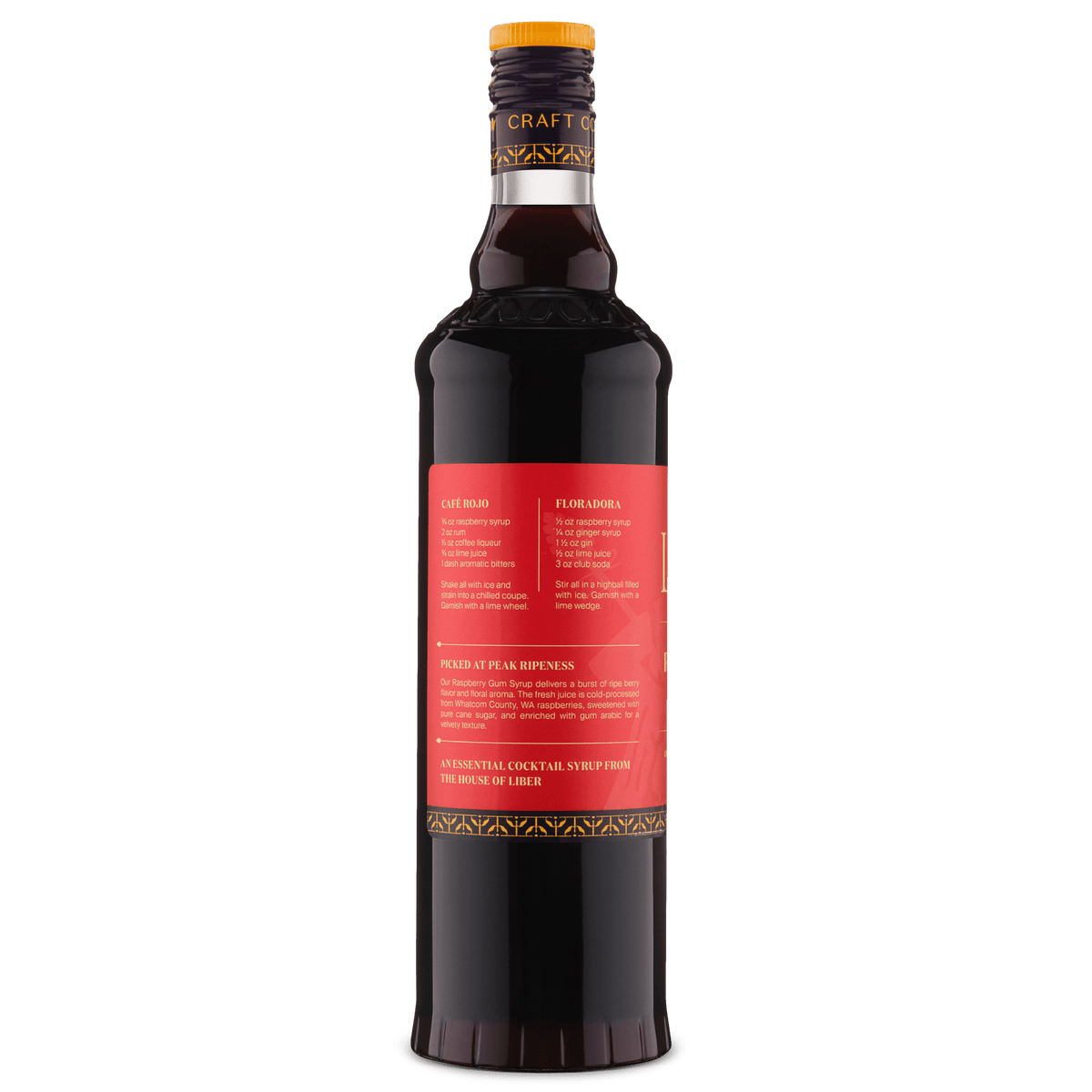 Liber Raspberry gum syrup bottle back label, orange cap