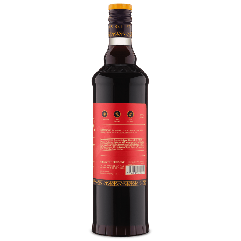Liber Raspberry gum syrup bottle back label and barcode, orange cap