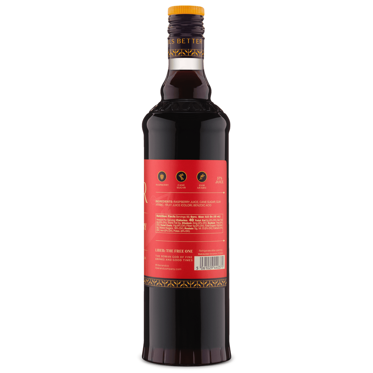 Liber Raspberry gum syrup bottle back label and barcode, orange cap
