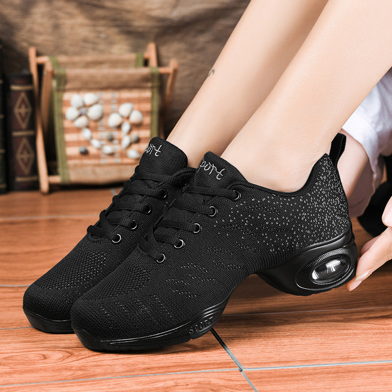 Black mesh dance sneakers with round mid-heel, lace-up closure