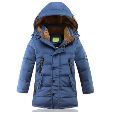 Children's winter puffer jacket, blue, hood with fleece lining and zip front pockets