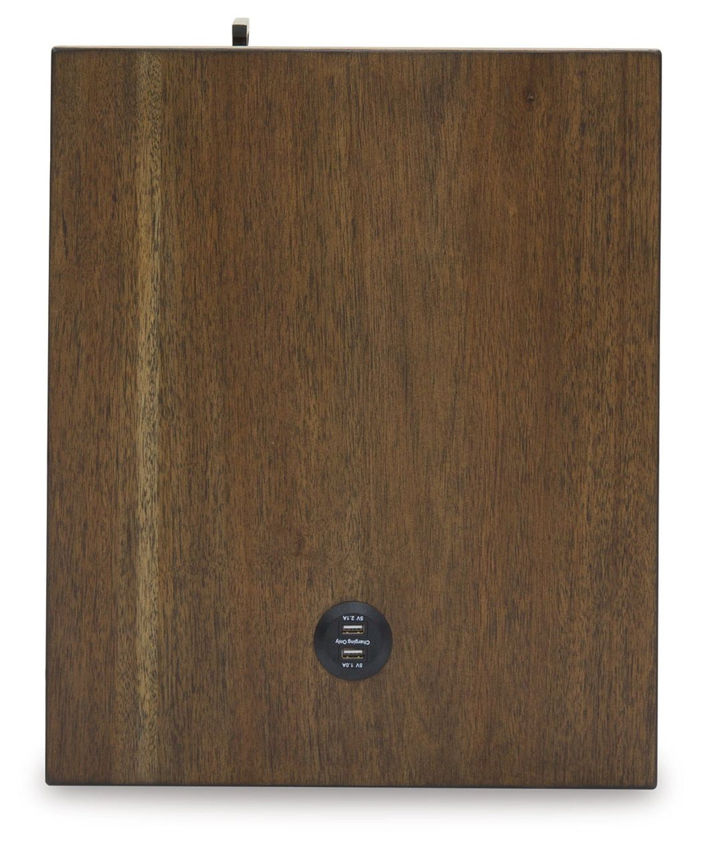 Grayish-brown end table back panel with mounting hardware