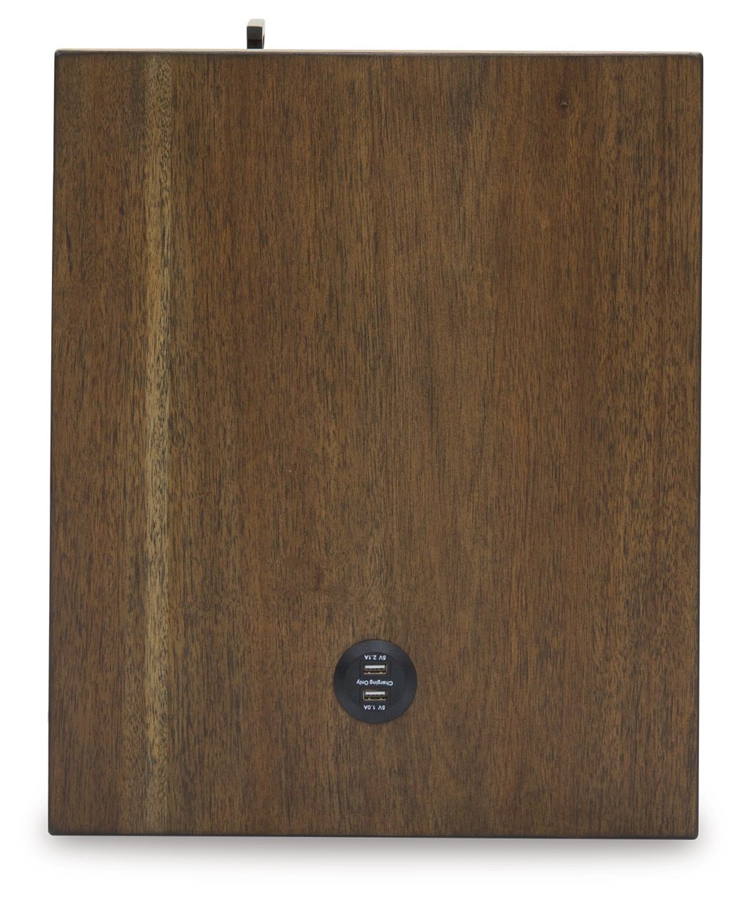 Grayish-brown end table back panel with mounting hardware