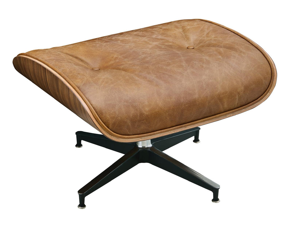 Brown leather lounge chair ottoman with curved edges and black star base