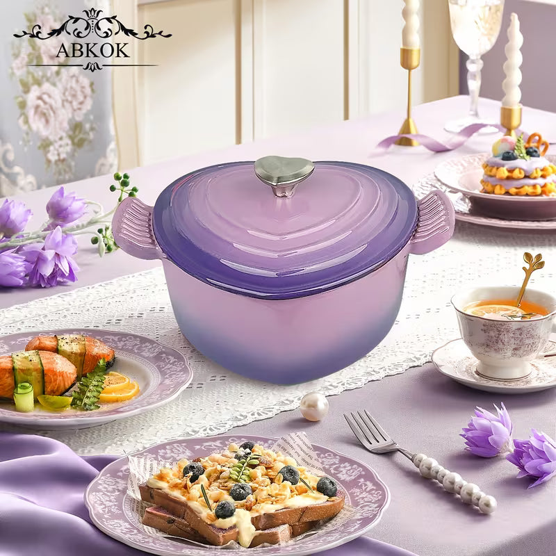Purple enamel cast iron Dutch oven with lidded top and side handles
