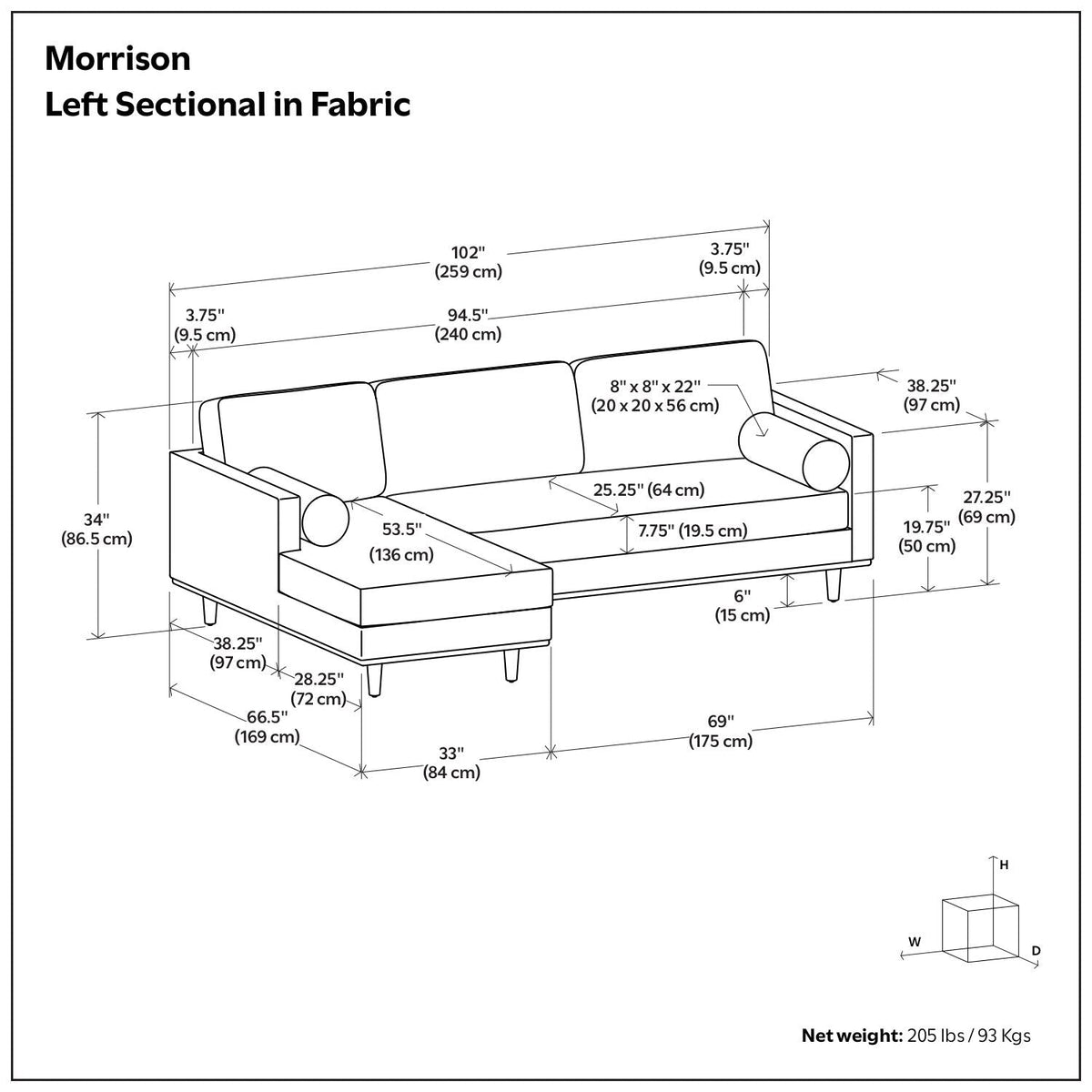 Fabric left sectional sofa dimensions diagram with labeled measurements in inches and cm