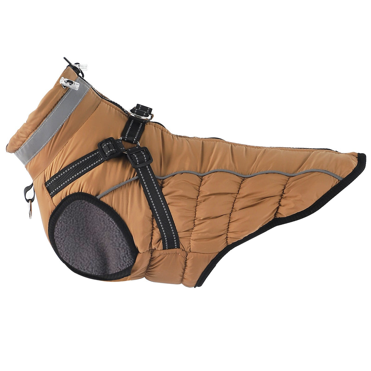 Fleece-lined waterproof dog coat, tan with reflective trim and harness D-ring