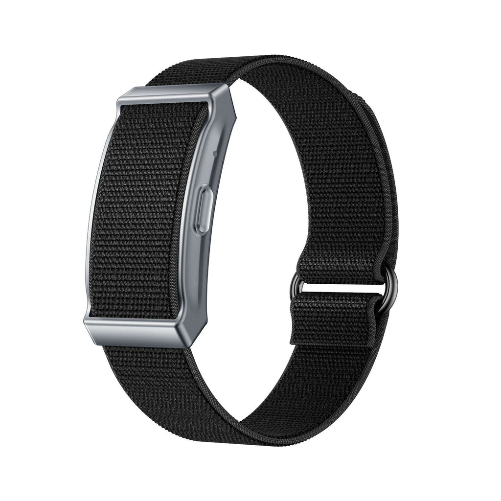 Black woven strap fitness smart bracelet with silver metal sensor module