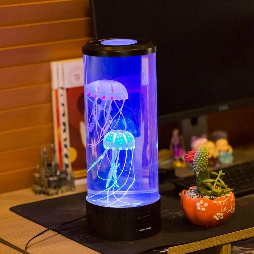 USB-powered LED jellyfish aquarium night light with blue jellyfish glow, black base