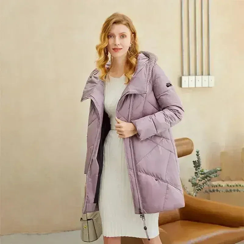 Women's lilac quilted puffer coat with hood, full zip, and side pockets