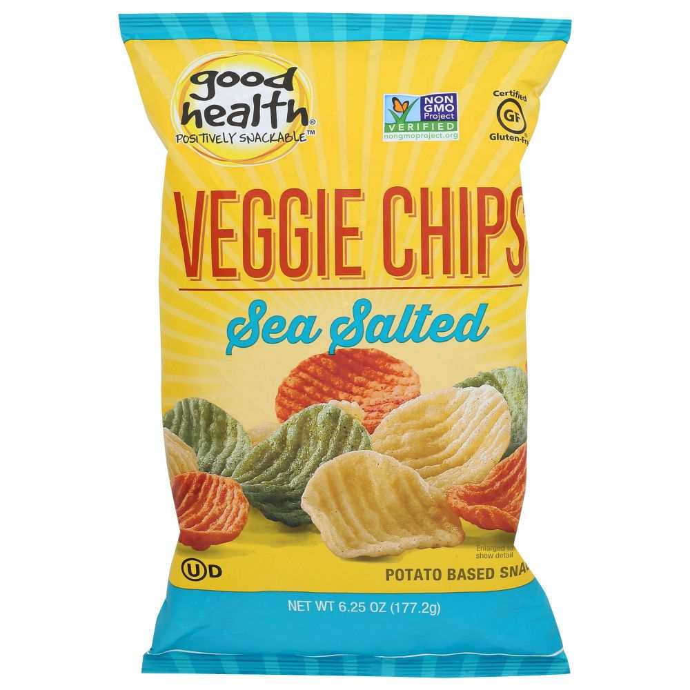 Sea-salted veggie chips snack bag, yellow with veggie-chip graphics