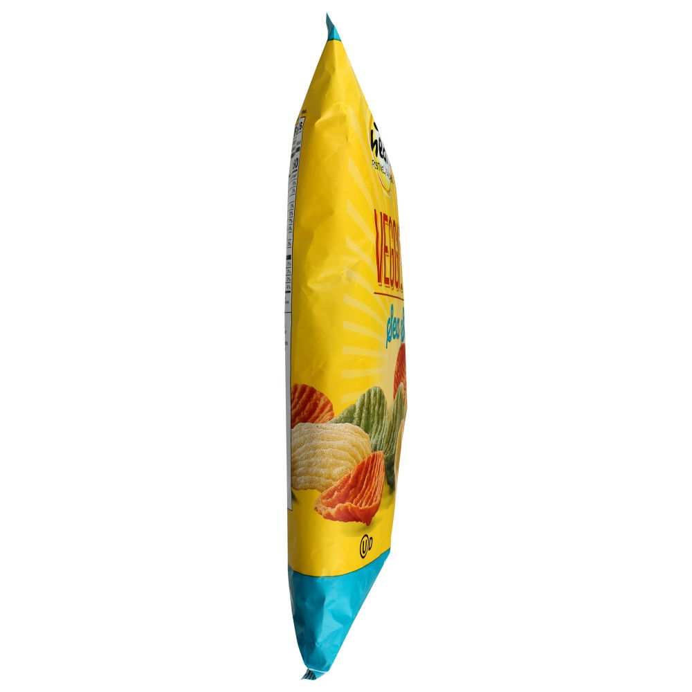 Sea-salted veggie chips snack bag, yellow side view with chip graphics