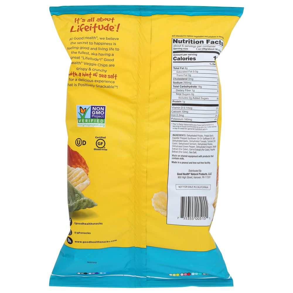 Sea-salted veggie chips snack bag, back panel with Nutrition Facts and barcode