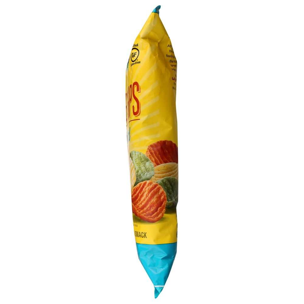 Sea-salted veggie chips snack bag, side view with yellow front and blue bottom