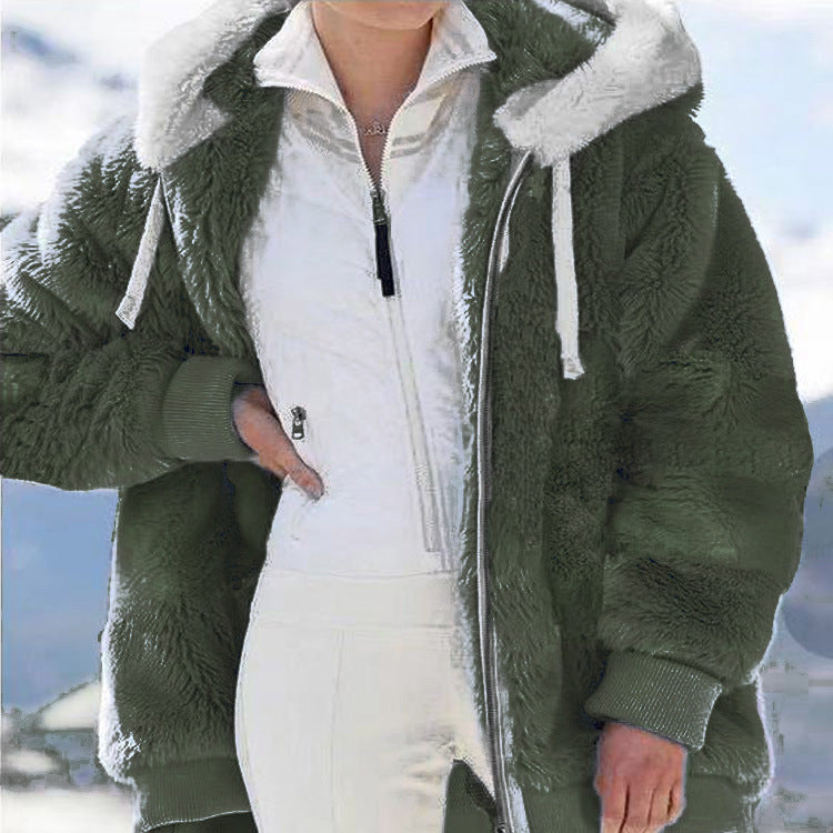 Army green plush zip-up hooded jacket with white lining and ribbed cuffs