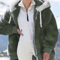 Forest green plush zip-up hooded jacket with white lining and ribbed cuffs
